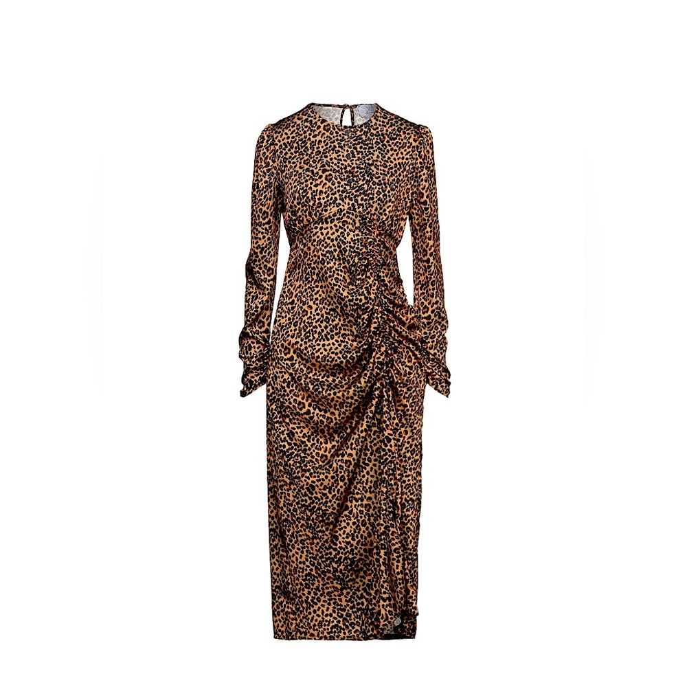 Satin, leopard print, round collar, long sleeves